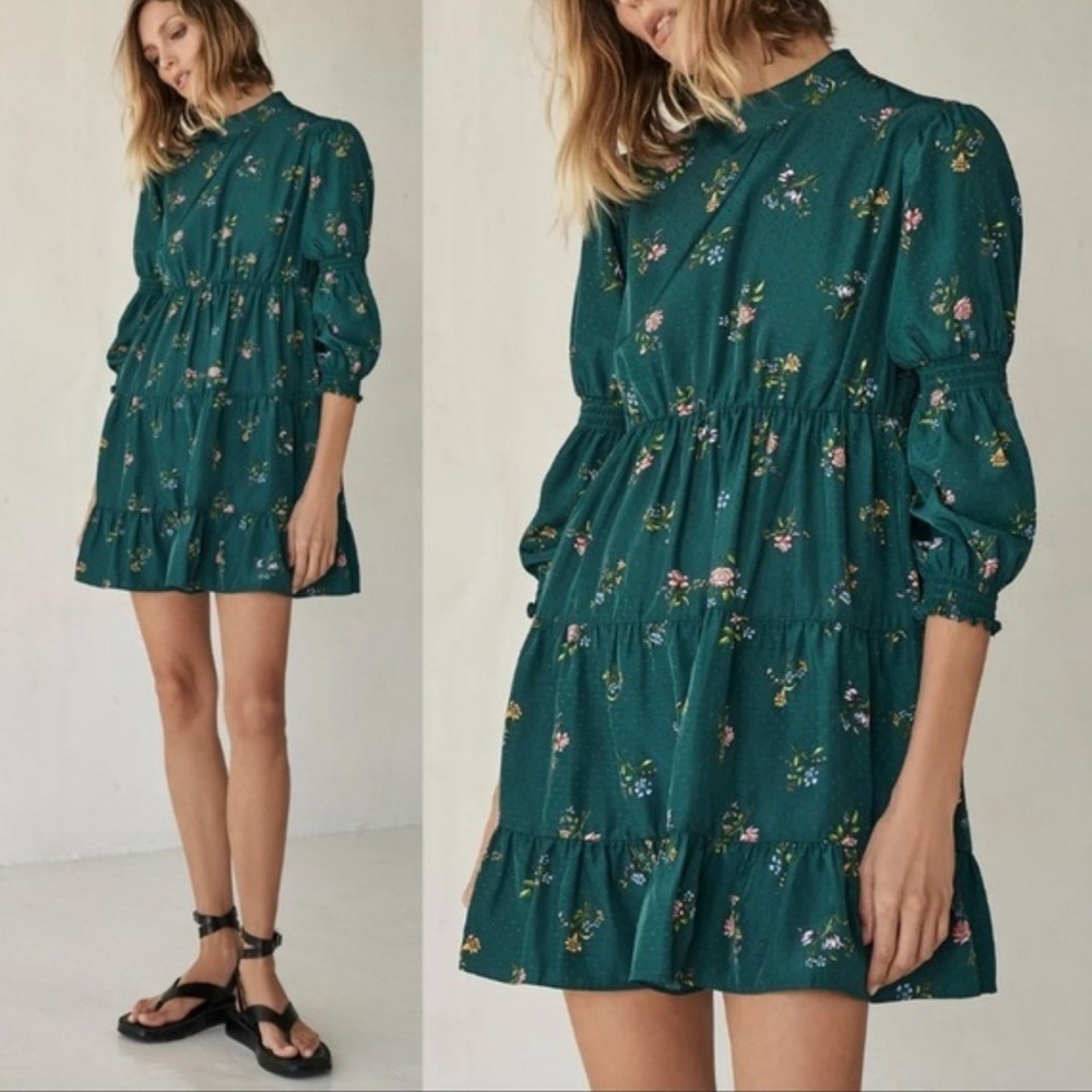 Zara Women’s Green Floral Print Tiered Babydoll Dress Puffed Sleeves Sz XS